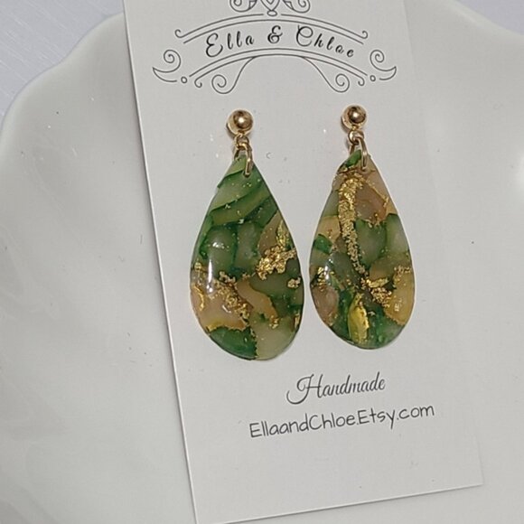 Handcrafted Chunky Green Gold Ball Teardrop Gemstone Agate Drop Dangle Earrings - Picture 5 of 6